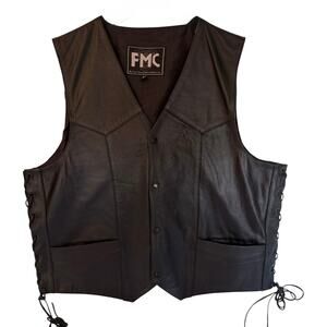 FMC Leather Vest Mens 48 Black Motorcycle Biker Snap Front Vintage